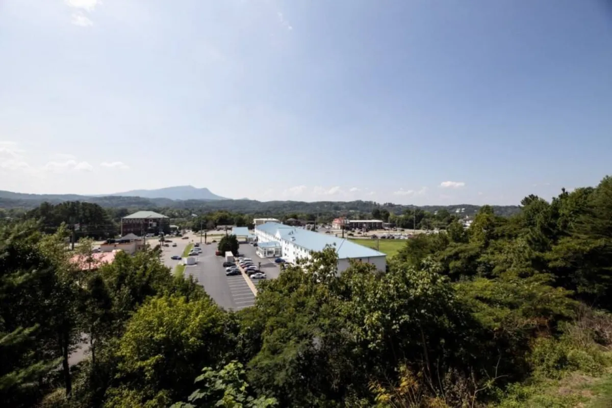 A wide view showing mountains in the background, an open parking area, surrounding commercial buildings, and lush trees in the foreground. The scene reflects the vibrant, accessible atmosphere of the area near The Cove.